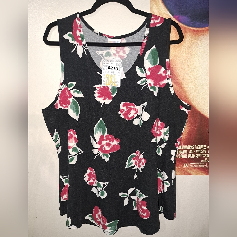 LuLaRoe 3XL Black Tank Top with Red Floral Design